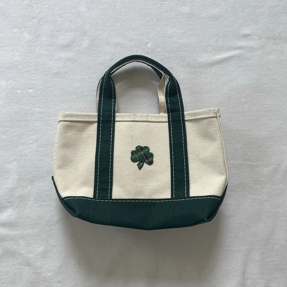 LL Bean Mini Boat And Tote Clover Embroidered USA Made Canvas Green 6'' Lucky 🍀